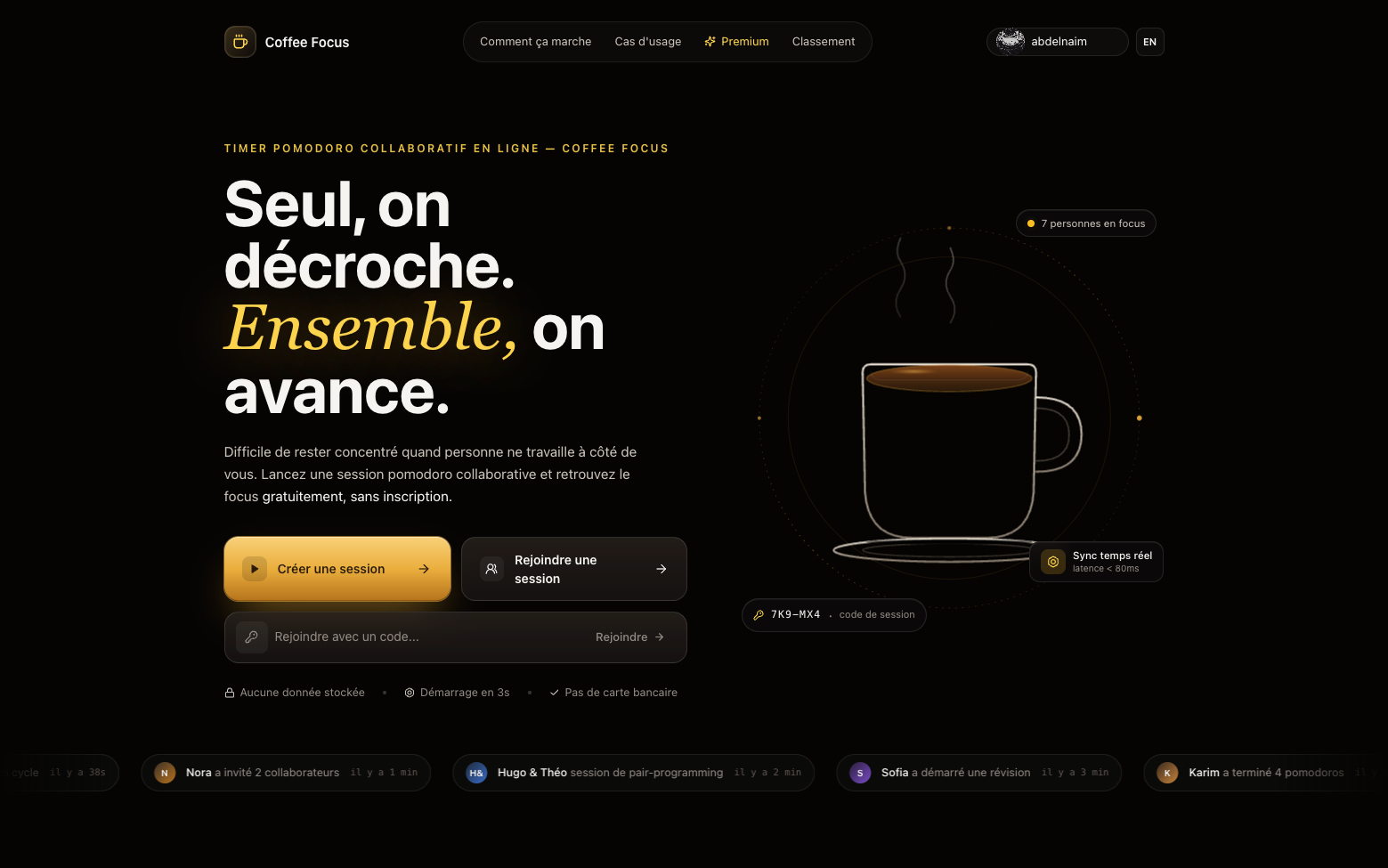 Page d'accueil de Coffee Focus, timer Pomodoro collaboratif en ligne