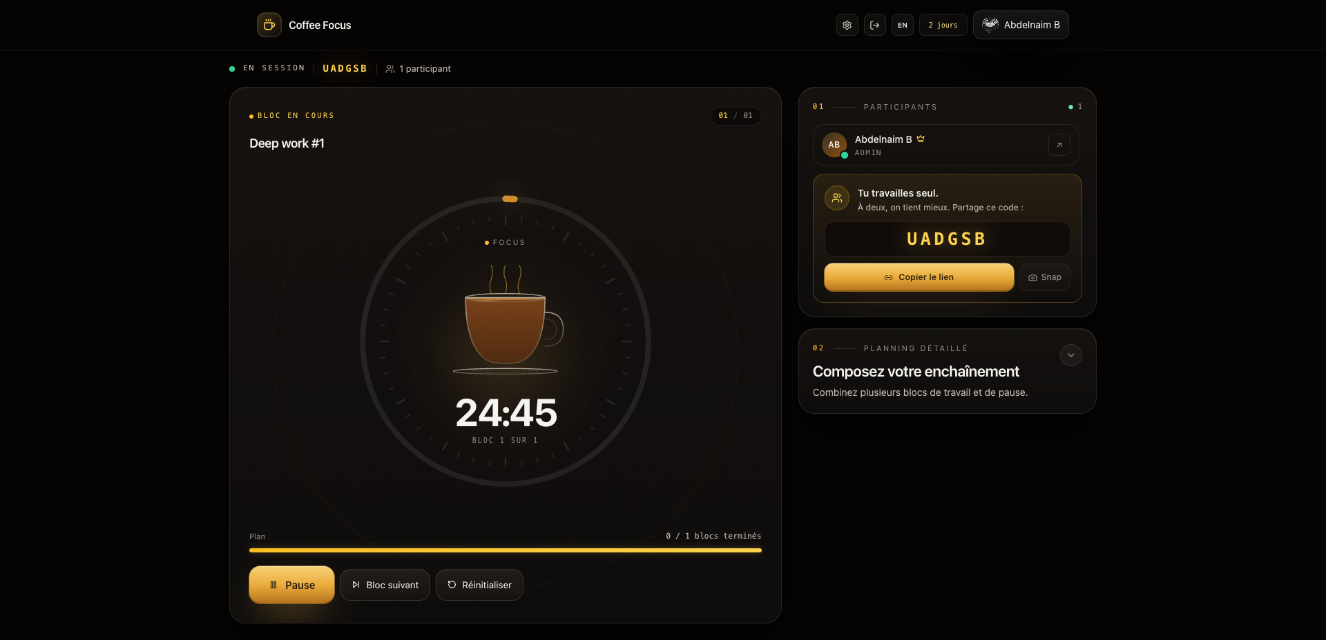 Session de focus en cours dans Coffee Focus avec timer et participants